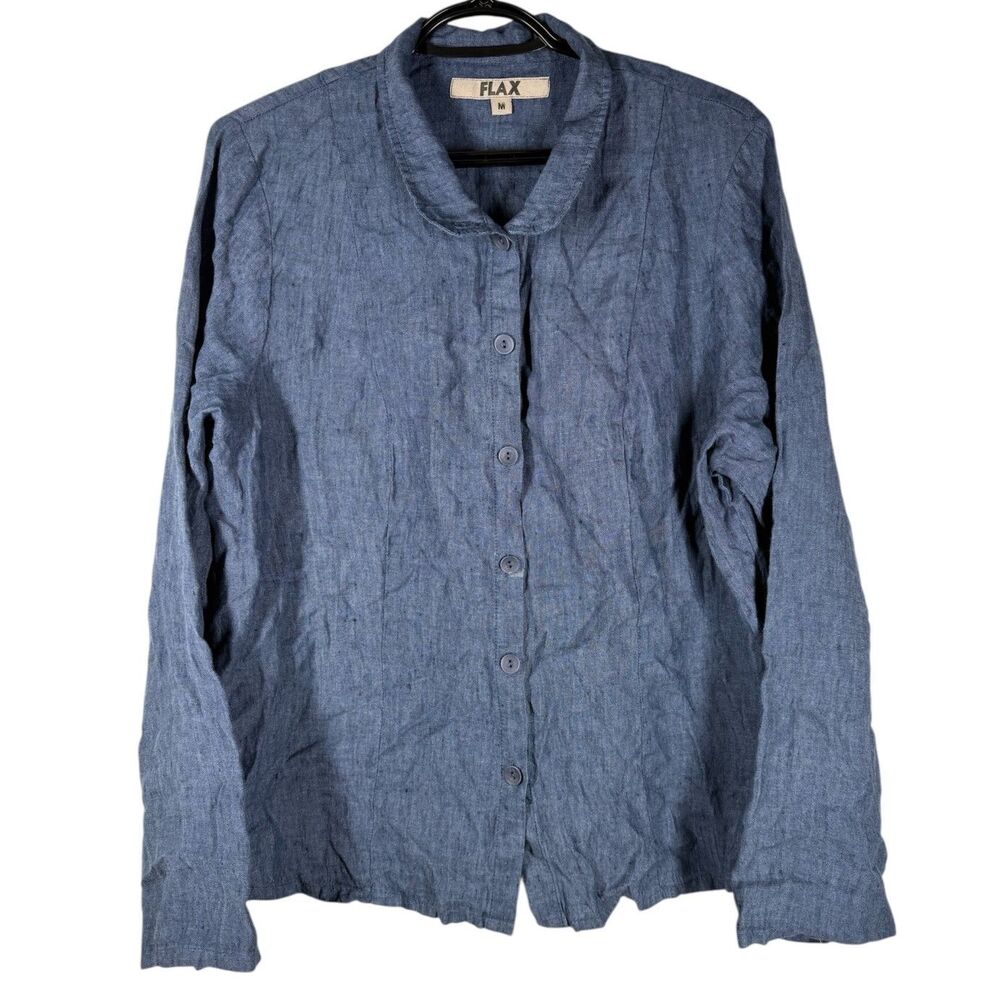 Flax Womens Blue Linen Button Up Top Sz M Beachy Coastal Breathable Lightweight